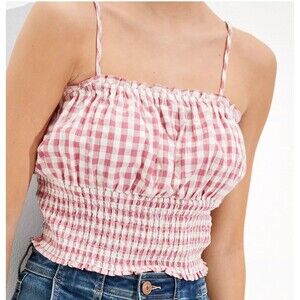 American Eagle PinkWhite Gingham Smocked Cami Top Large Crop Ruffle Y2K Coquette